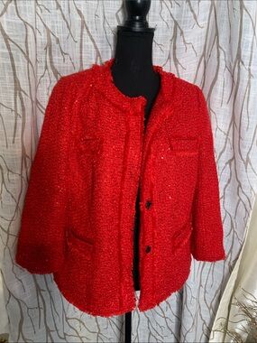Classic Red tweed sequin Bouclé Jacket - Women's Elegant Coat